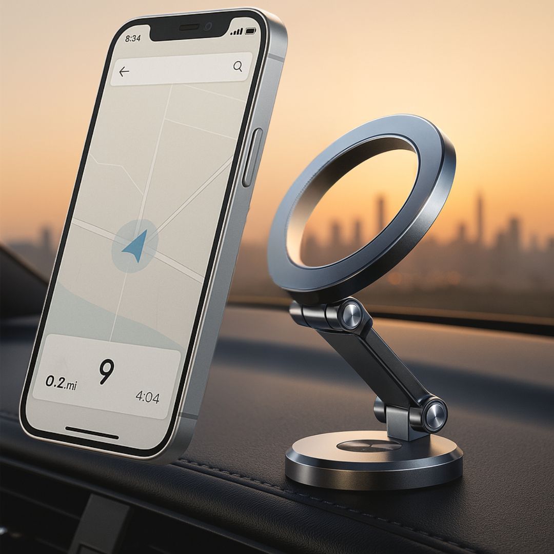 Phone mount on car dashboard with smartphone displaying navigation app