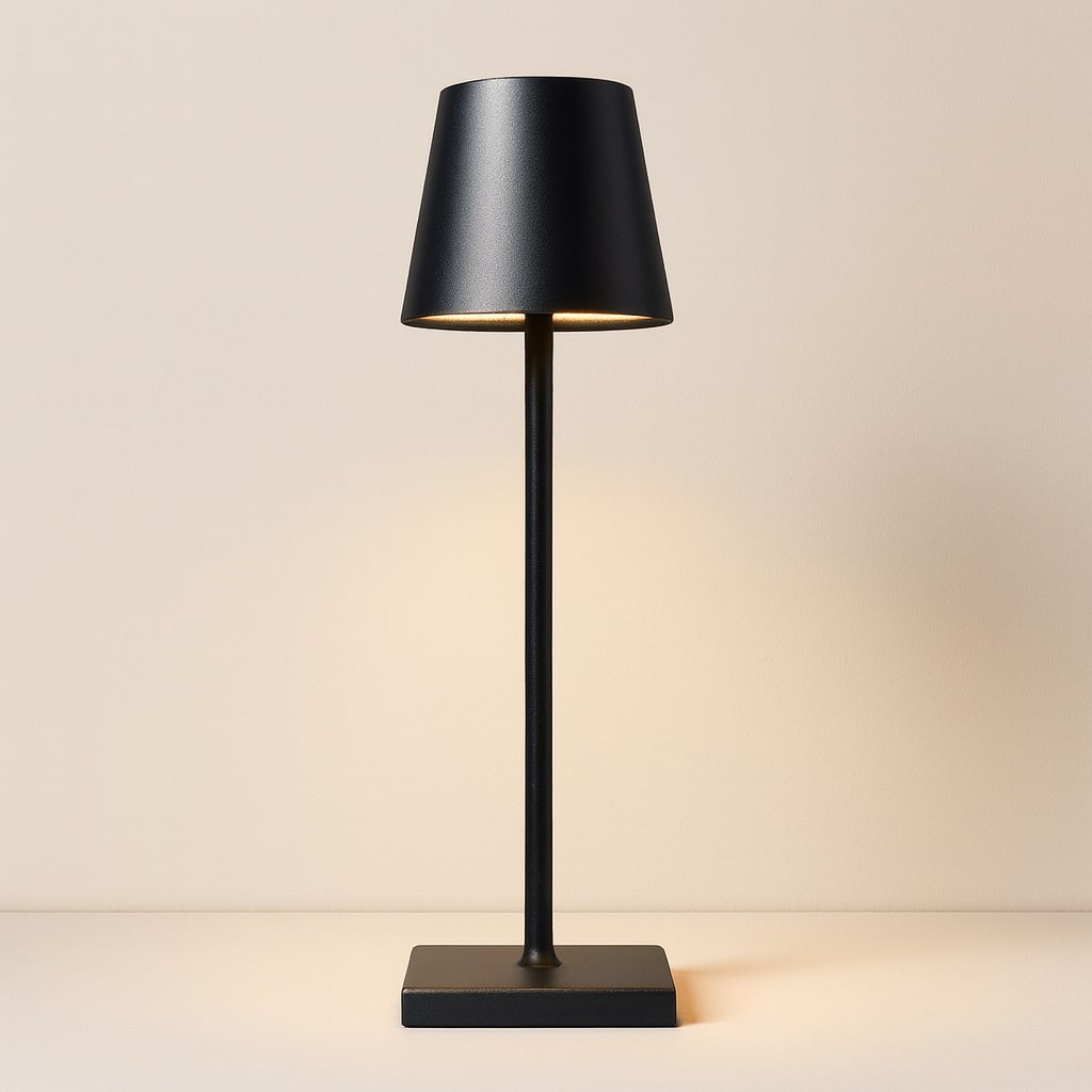 Black table lamp with a square base on a beige background