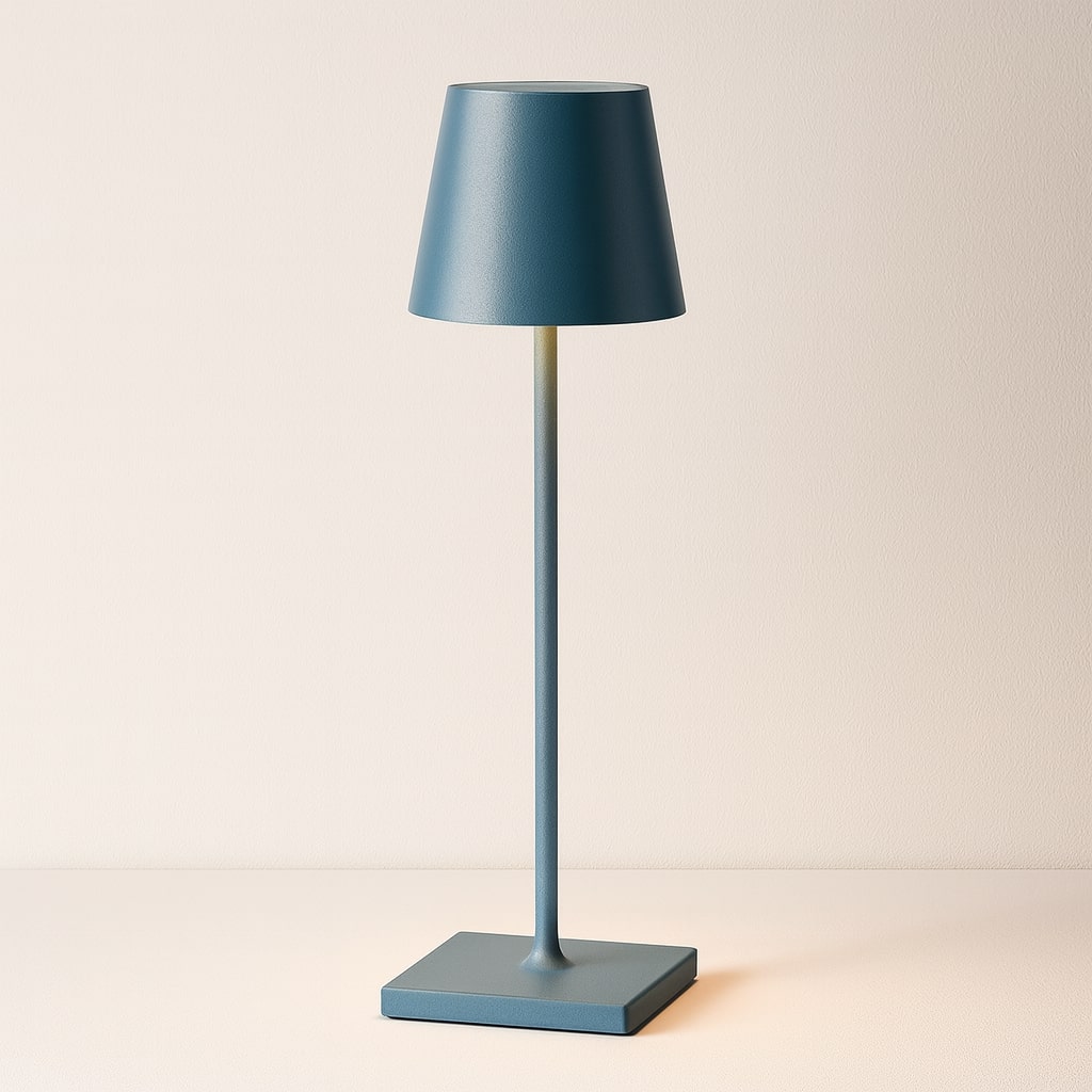 Blue table lamp with a square base on a light beige background
