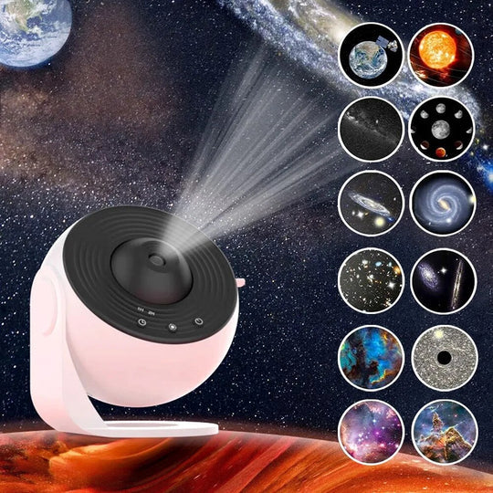 Space-themed projector with celestial images on a starry background