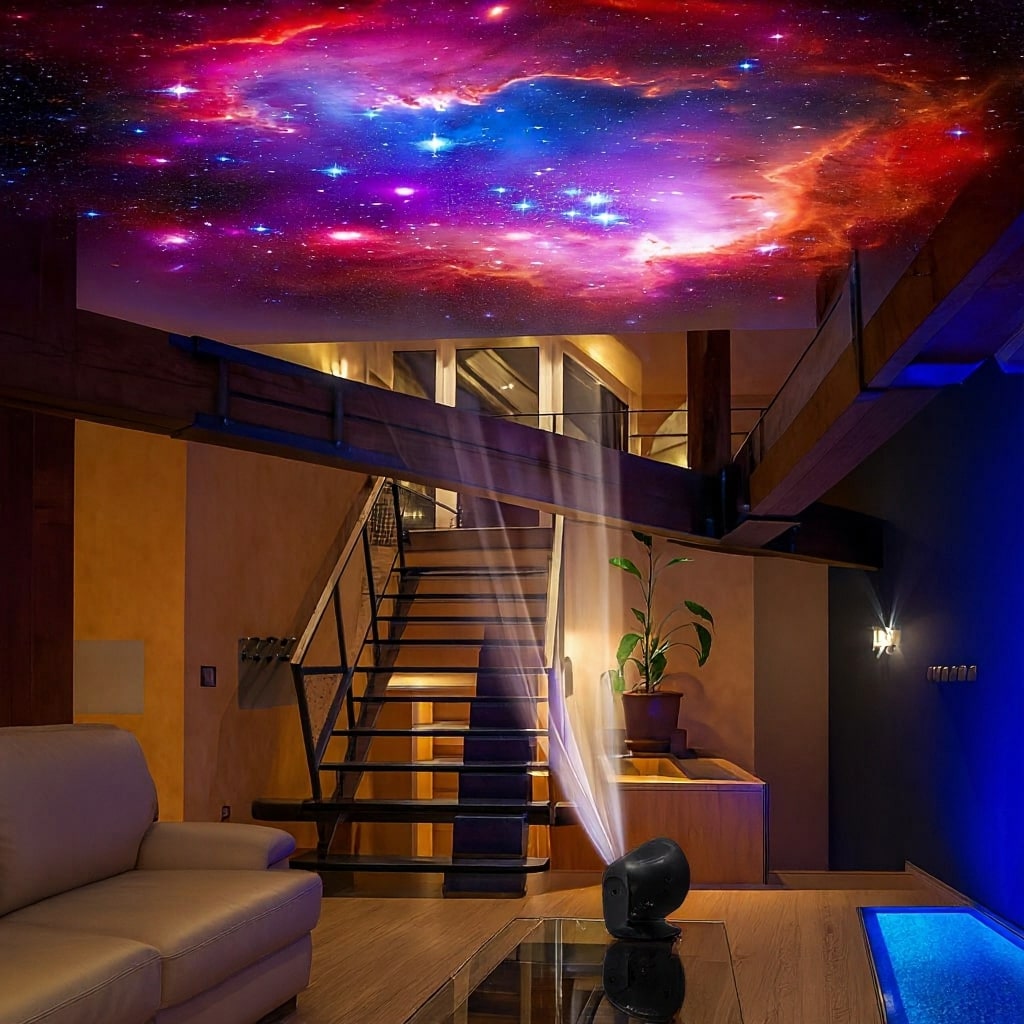 Modern interior with a galaxy projection on the ceiling