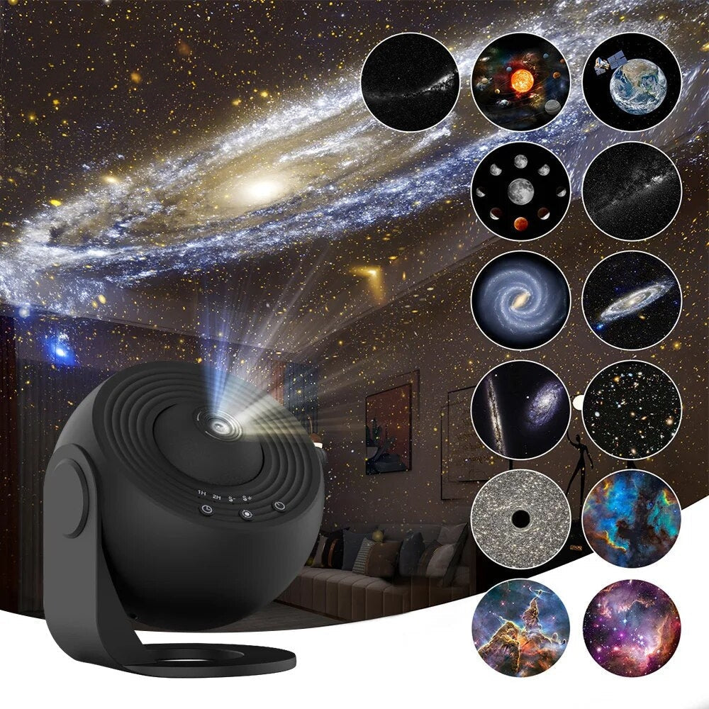 Black celestial projector projecting starry sky images onto a wall.