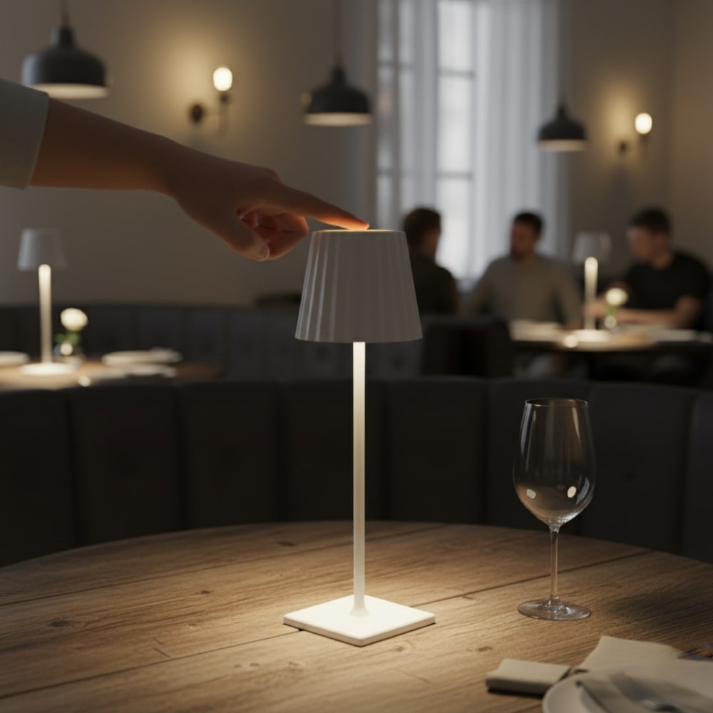 Hand adjusting a small lamp on a table with a blurred restaurant setting in the background